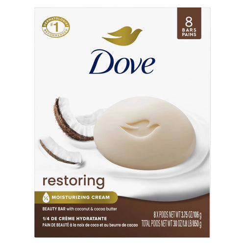 Beauty Bar Soap for Restored Skin, Restoring Coconut & Cocoa Butter, Nourishes Skin, 3.75 Oz 8 Bars
